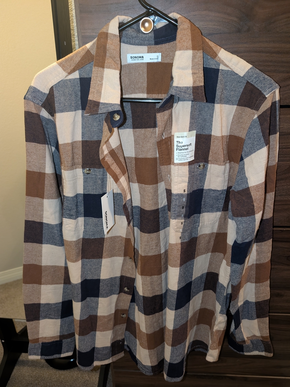 Sonoma Men's Brown, Navy & Cream Plaid Button-Down Shirt